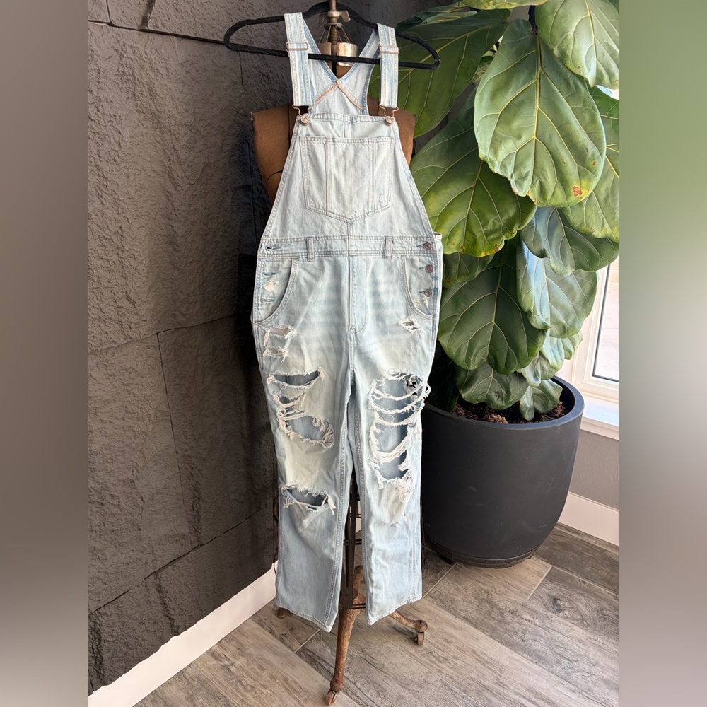 American Eagle Outfitters Light Blue Ripped Denim Overalls